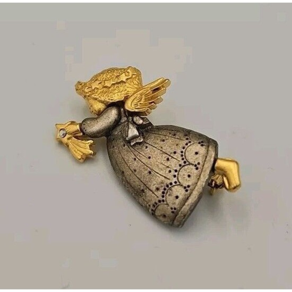 Vintage Danecraft Angel Pin Wishing On A Star Rhinestone Gold Silver Tone